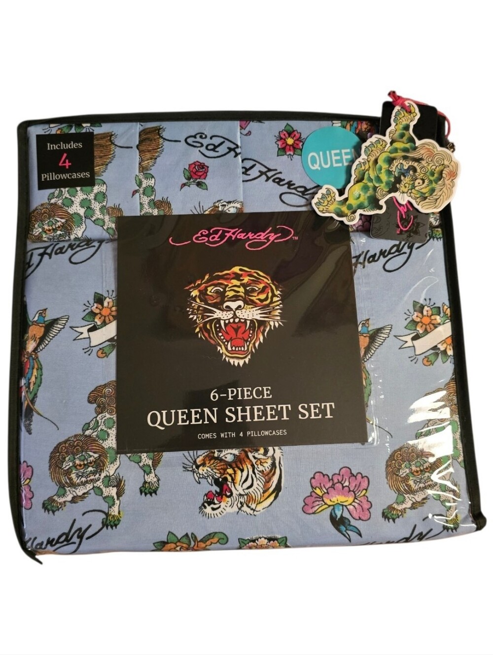Ed Hardy 6 Piece Foo Dog Tiger Queen Sheet Set
